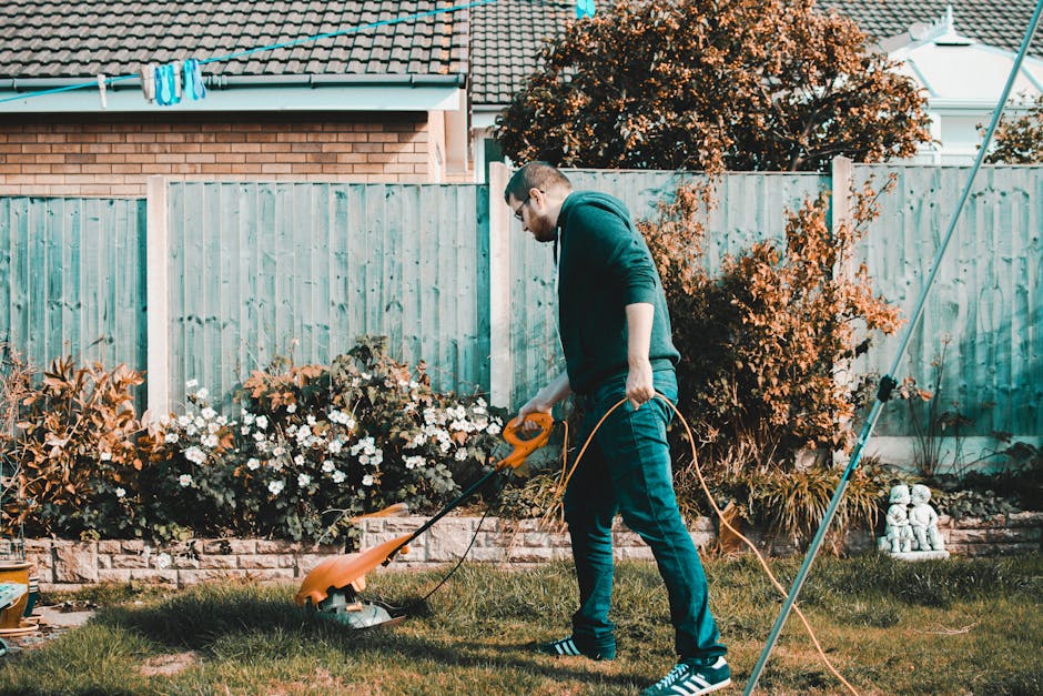 A gardener wearing a grey hat and dark clothing is trimming a lush, dense hedge with long-handled shears. The hedge consists of small, glossy green leaves with hints of pink flowers along the top. The